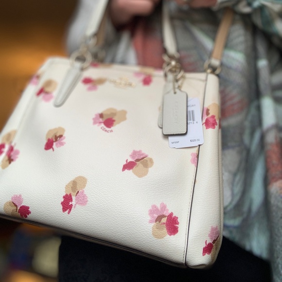 Coach Floral Print Crossbody Bag - Cream, Pink, Tan - Picture 9 of 14